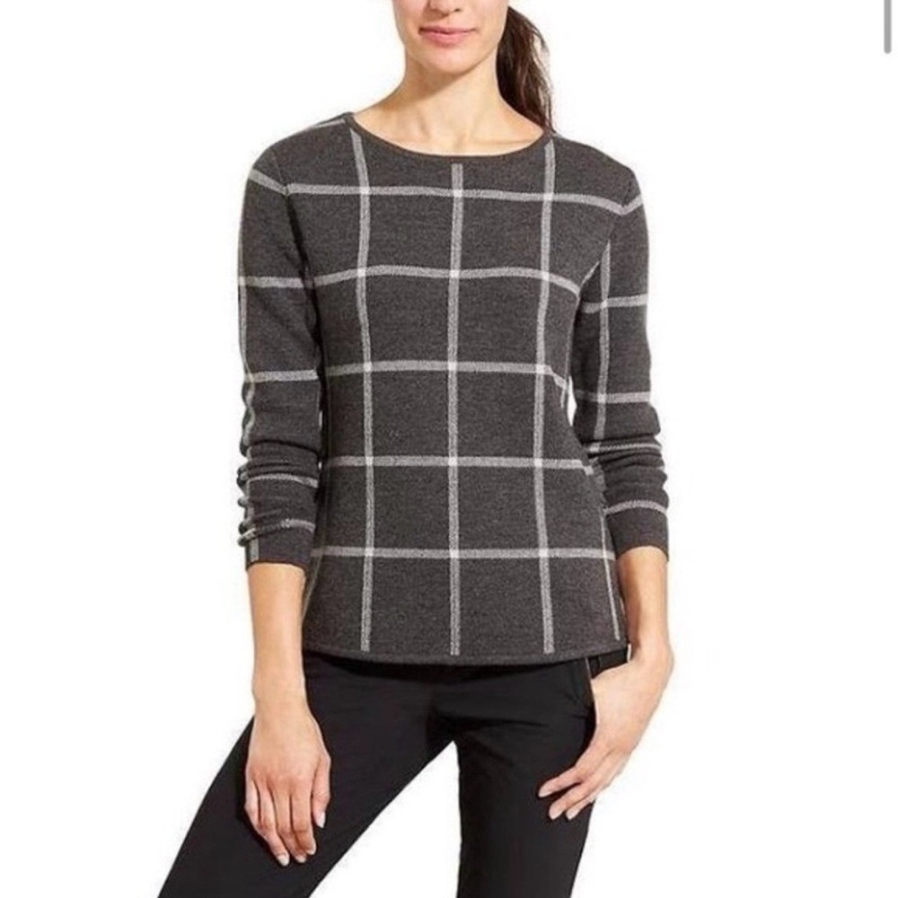 Athleta Women's 100%‎ Merino Wool Dakota Sweater Gray Windowpane Design Size XS